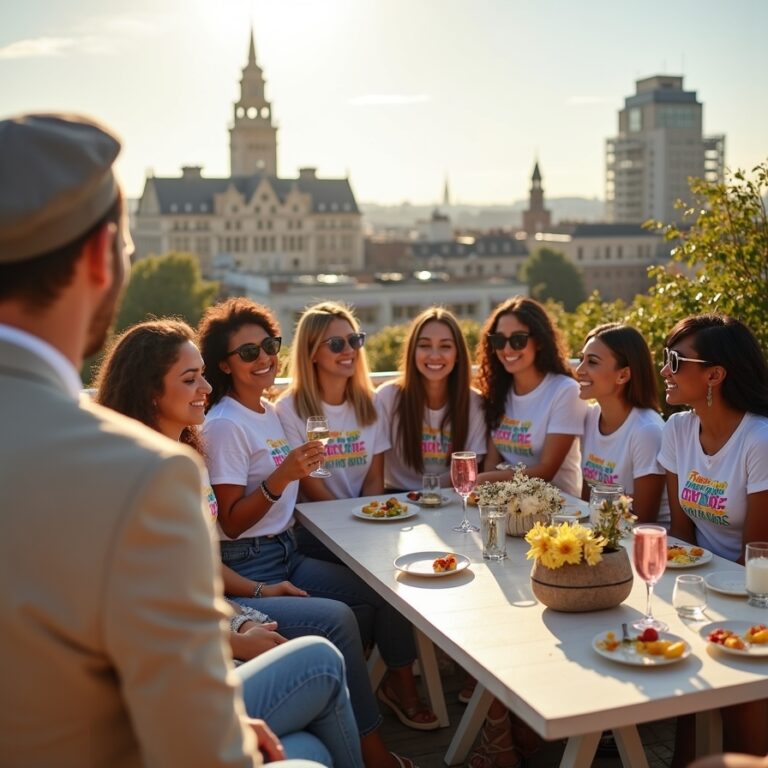 Hypnotiseur animant des jeux EVJF sur un rooftop à Bruxelles, entouré de femmes marocaines et africaines assises, certaines sous hypnose, dans une ambiance festive et moderne avec vue sur le Palais de Justice.