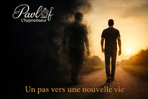 Image représentant l’arrêt tabac par hypnose : une personne quitte une silhouette de fumée et avance vers un lever de soleil, symbole de liberté.
