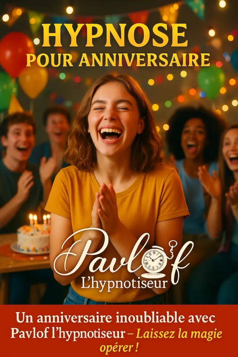 Jeune femme éclatant de rire lors d'une fête joyeuse sur le thème anniversaire, entourée d'amis enthousiastes, avec ballons, guirlandes et gâteau, illustrant un spectacle d’hypnose animé par Pavlof l’hypnotiseur.