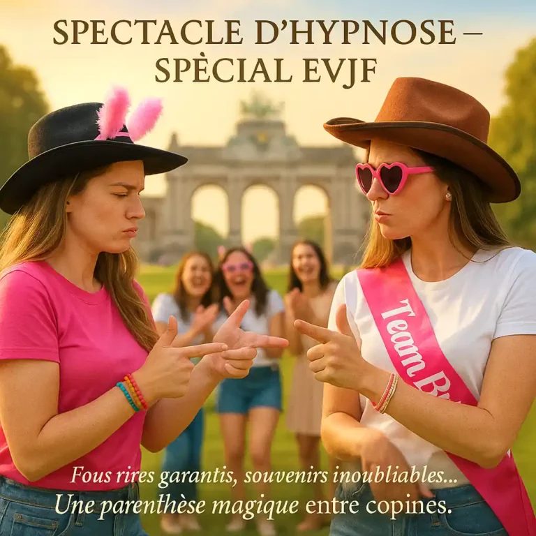 Deux femmes participent à des jeux EVJF sous hypnose dans le parc du Cinquantenaire à Bruxelles, entourées d’amies.