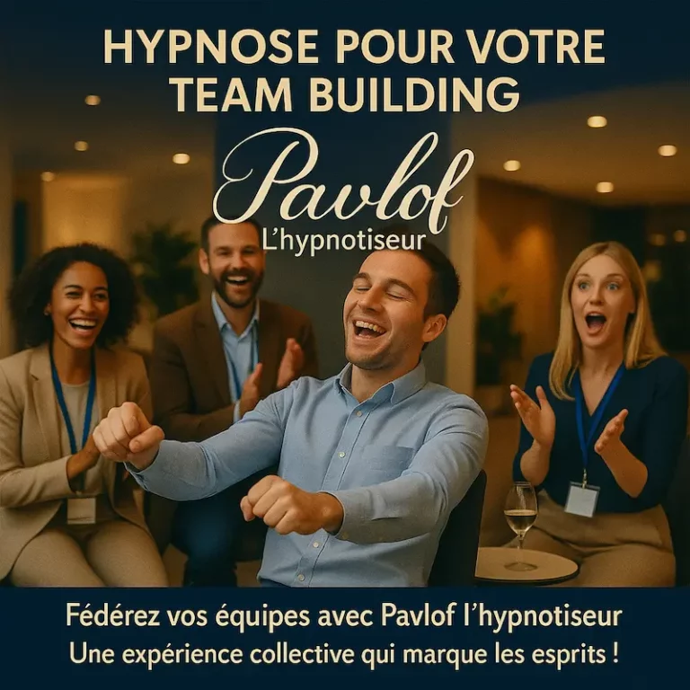 Groupe de collègues en tenue professionnelle réagissant avec enthousiasme à un exercice de team building hypnose dirigé par Pavlof l’hypnotiseur, dans un cadre chaleureux et moderne.