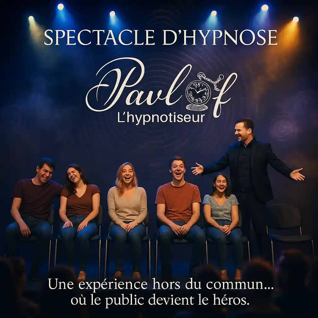 Un hypnotiseur sur scène guidant un spectacle d’hypnose avec des participants captivés sous des lumières colorées.