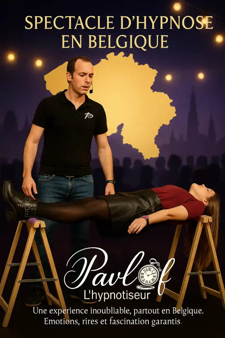 Hypnotiseur en pleine démonstration de catalepsie sur scène lors d’un spectacle hypnose Belgique, avec une volontaire suspendue entre deux tréteaux.