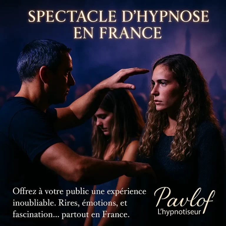 Hypnotiseur en pleine séance sur scène lors d’un spectacle hypnose France, avec une ambiance immersive.