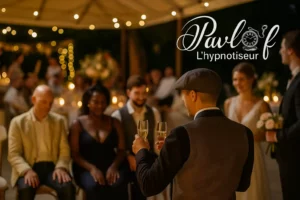 Scène de mariage élégante en extérieur, avec ambiance tamisée, pour illustrer une animation mariage orchestrée par Pavlof l’hypnotiseur