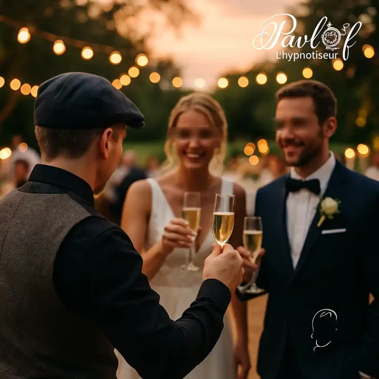 Pavlof l’hypnotiseur, de dos, trinque avec un couple de mariés lors d’une animation mariage en extérieur au coucher du soleil