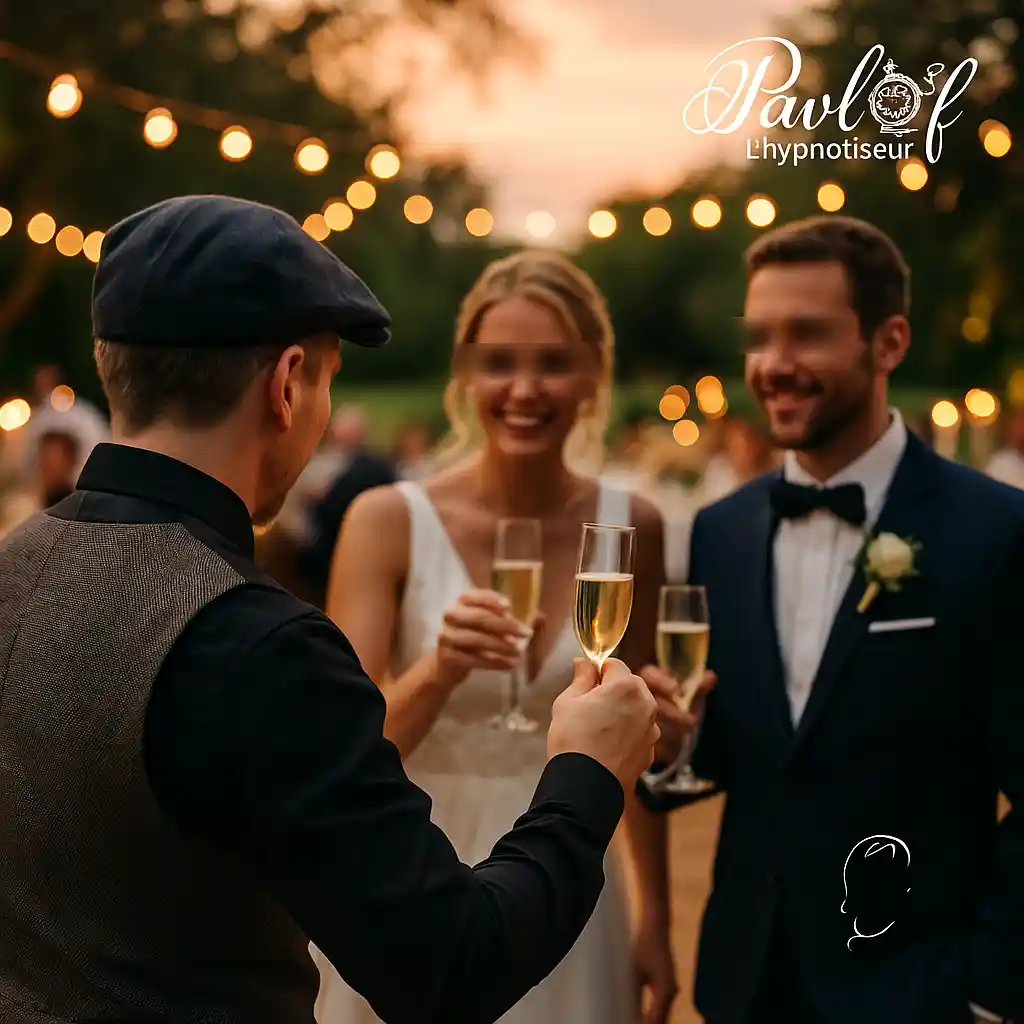 Pavlof l’hypnotiseur, de dos, trinque avec un couple de mariés lors d’une animation mariage en extérieur au coucher du soleil