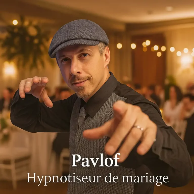 Pavlof l'hypnotiseur anime une soirée élégante en animation mariage dans une salle chic et chaleureuse.
