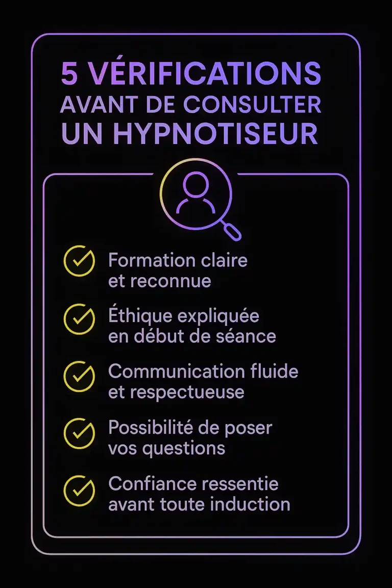 Visuel carré présentant 5 vérifications clés à faire avant une séance, pour répondre à la question : l’hypnose est-elle sûre et sans danger ?