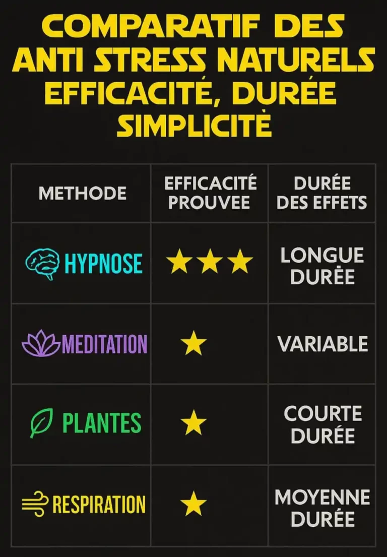 Tableau comparatif des méthodes d’anti stress naturel : hypnose, méditation, plantes et respiration, selon leur efficacité et la durée de leurs effets.