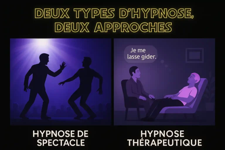 Comparaison visuelle entre l’hypnose thérapeutique et l’hypnose de spectacle, mise en scène par Pavlof l’hypnotiseur de spectacle.