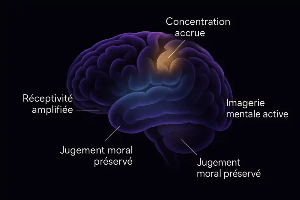 Illustration du cerveau vue de côté, montrant les zones activées sous hypnose, avec la mention Pavlof répond à vos questions.