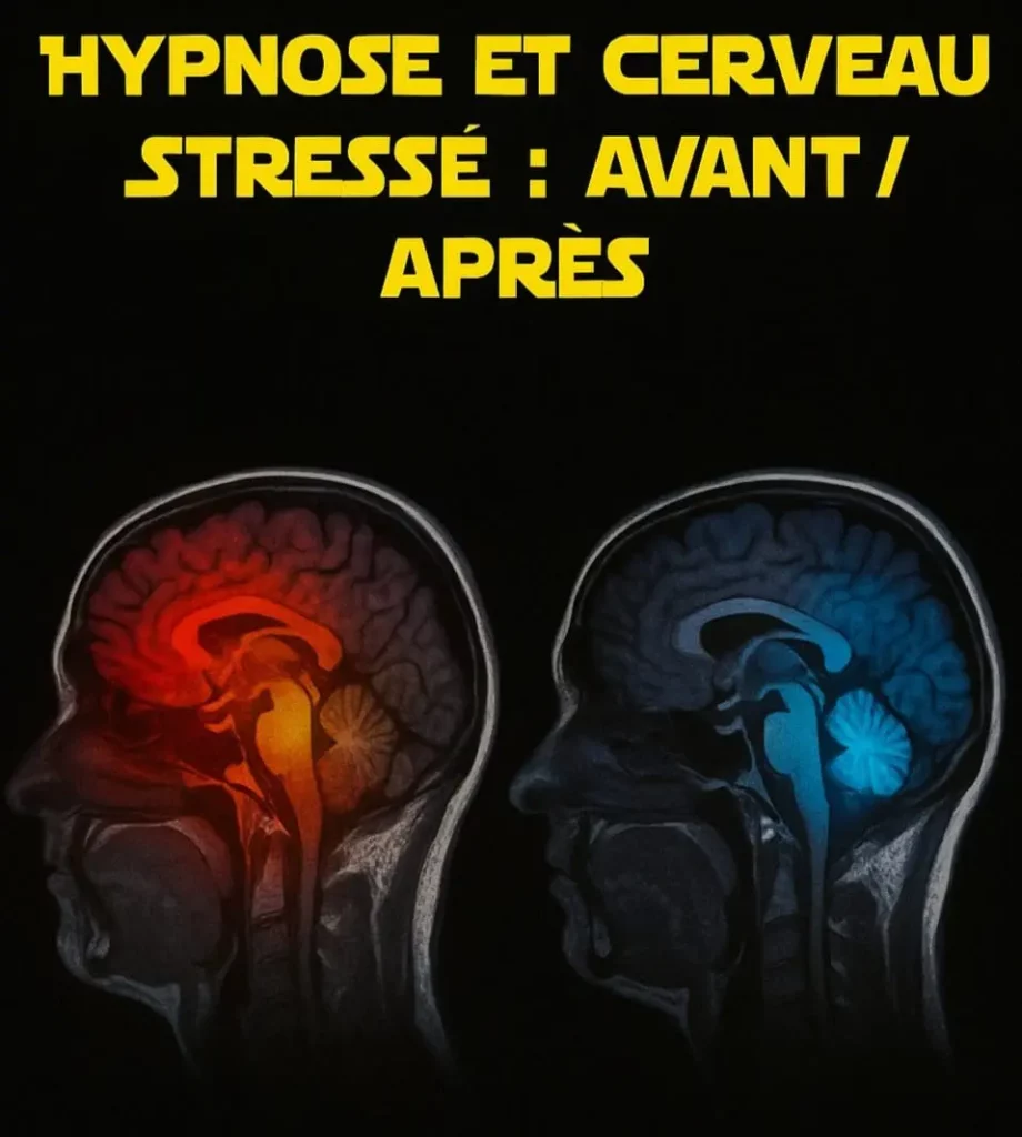 Illustration comparative du cerveau humain en état de stress aigu et en état hypnotique guidé, basée sur des données IRM fonctionnelles.