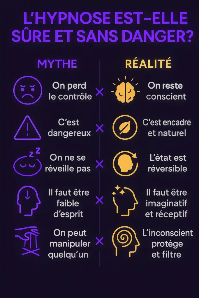 Infographie illustrant les idées reçues et les réalités pour répondre à la question : l’hypnose est-elle sûre et sans danger ?