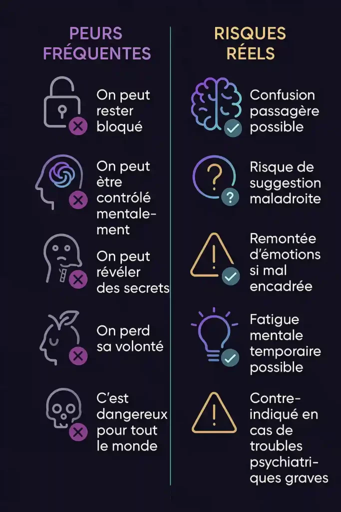 Infographie en français comparant peurs fréquentes et risques réels pour répondre à : l’hypnose est-elle sûre et sans danger ?