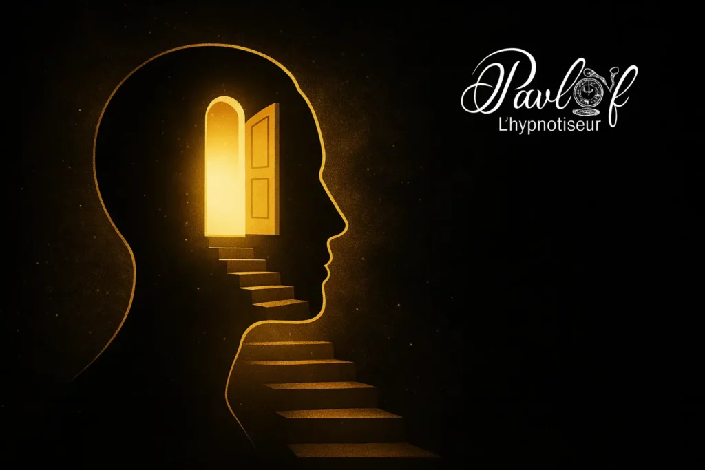 Illustration symbolique représentant un voyage intérieur en hypnose regressive, avec une silhouette, un escalier et une porte dorée.