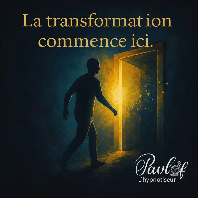 Silhouette avançant vers une porte lumineuse, symbolisant le début d’un chemin en hypnose regressive.