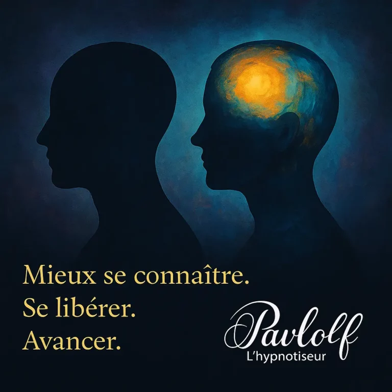 Deux silhouettes symbolisant la transformation intérieure vécue en hypnose regressive, avec une lumière dorée dans la tête.