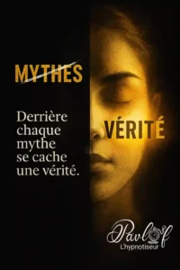Femme de profil face à une liste de mythes corrigés sur l’hypnose regressive, sur fond sombre et rassurant.