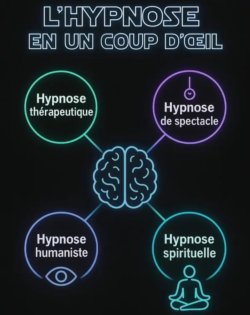 Infographie des quatre types d’hypnose : thérapeutique, de spectacle, humaniste et spirituelle.