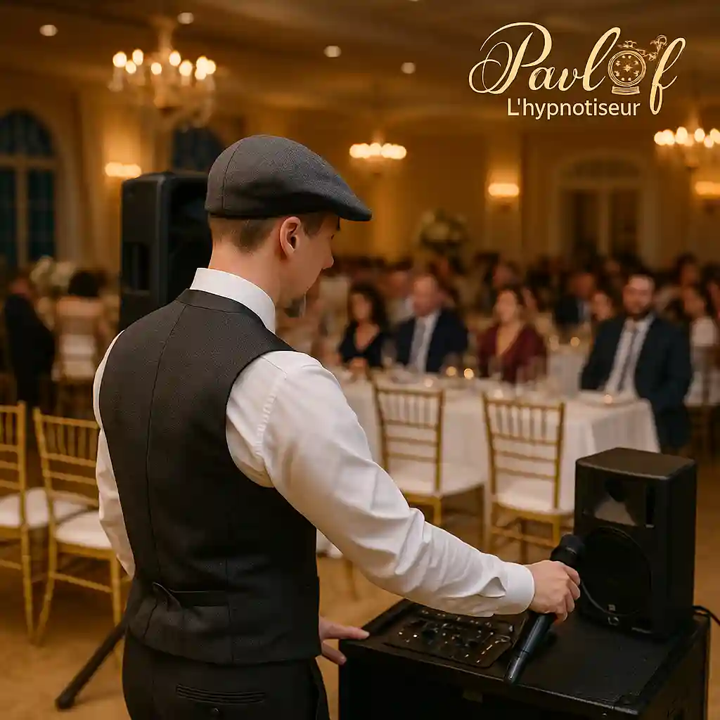 Pavlof l’hypnotiseur installe son matériel avant une animation de mariage, micro en main devant les invités.