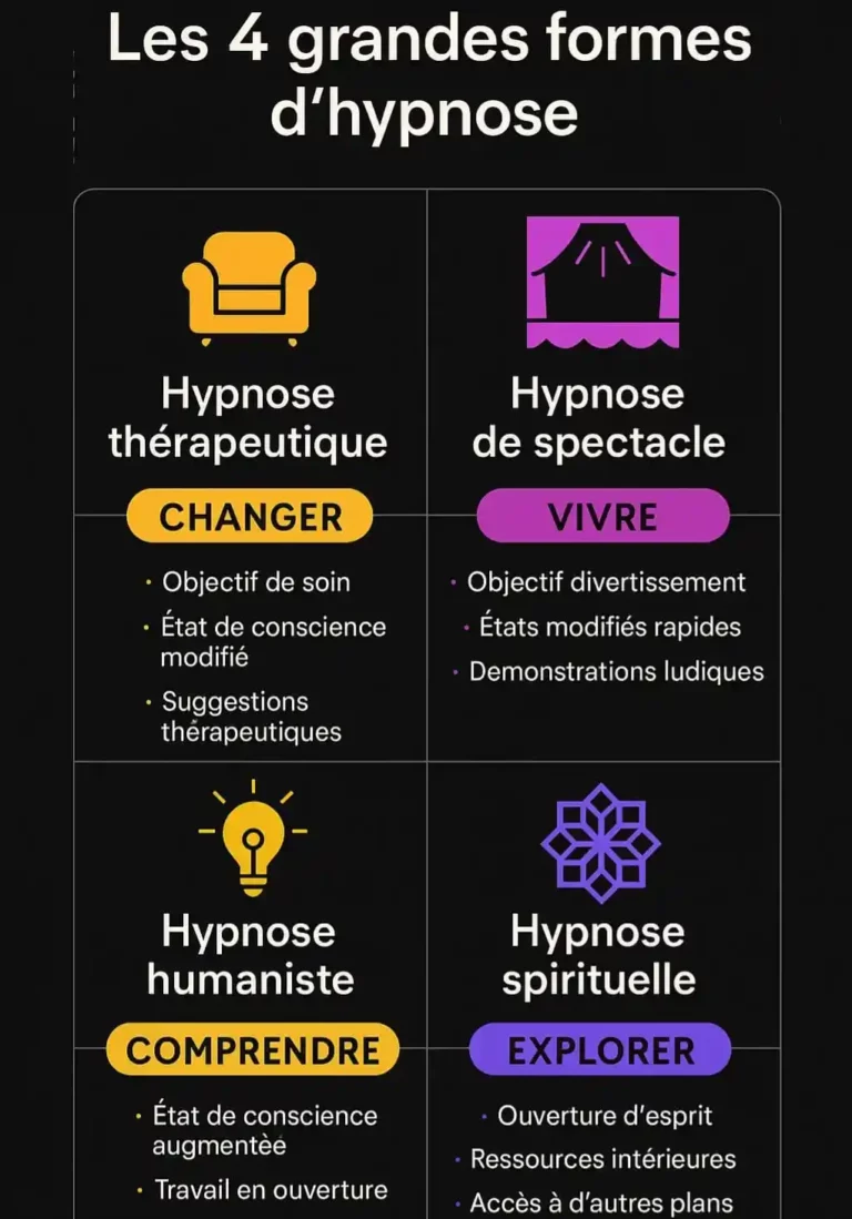 Infographie expliquant qu’est-ce que l’hypnose à travers ses quatre grandes formes : thérapeutique, spectacle, humaniste, spirituelle.