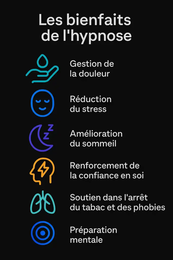 Infographie expliquant qu’est-ce que l’hypnose à travers ses bienfaits : sommeil, stress, douleur, confiance, arrêt tabac.