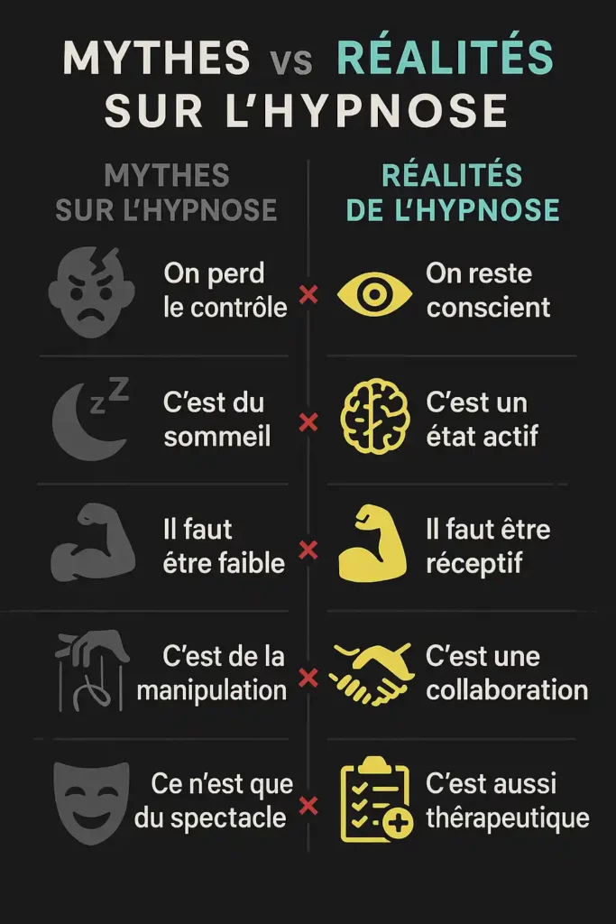Infographie sur fond noir comparant les mythes et réalités de l’hypnose, illustrant la question : Ce qu'est vraiment l'hypnose.