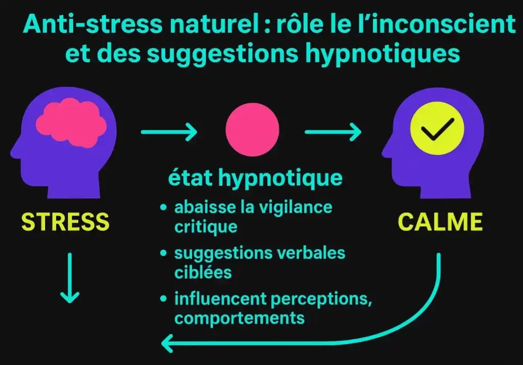 Schéma explicatif en couleurs fluos sur fond noir illustrant comment l’hypnose agit sur l’inconscient comme un anti stress naturel.
