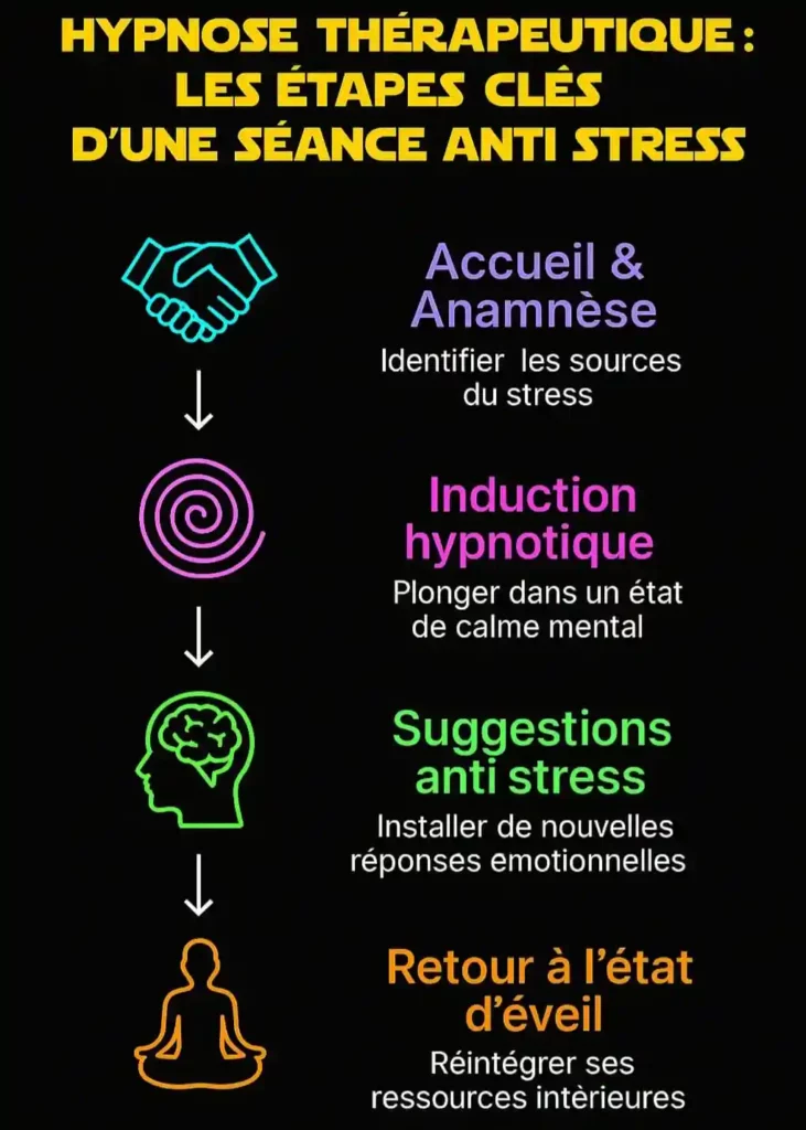 Infographie montrant les 4 étapes clés d’une séance d’hypnose utilisée comme anti stress naturel : anamnèse, induction, suggestion, retour à l’éveil.