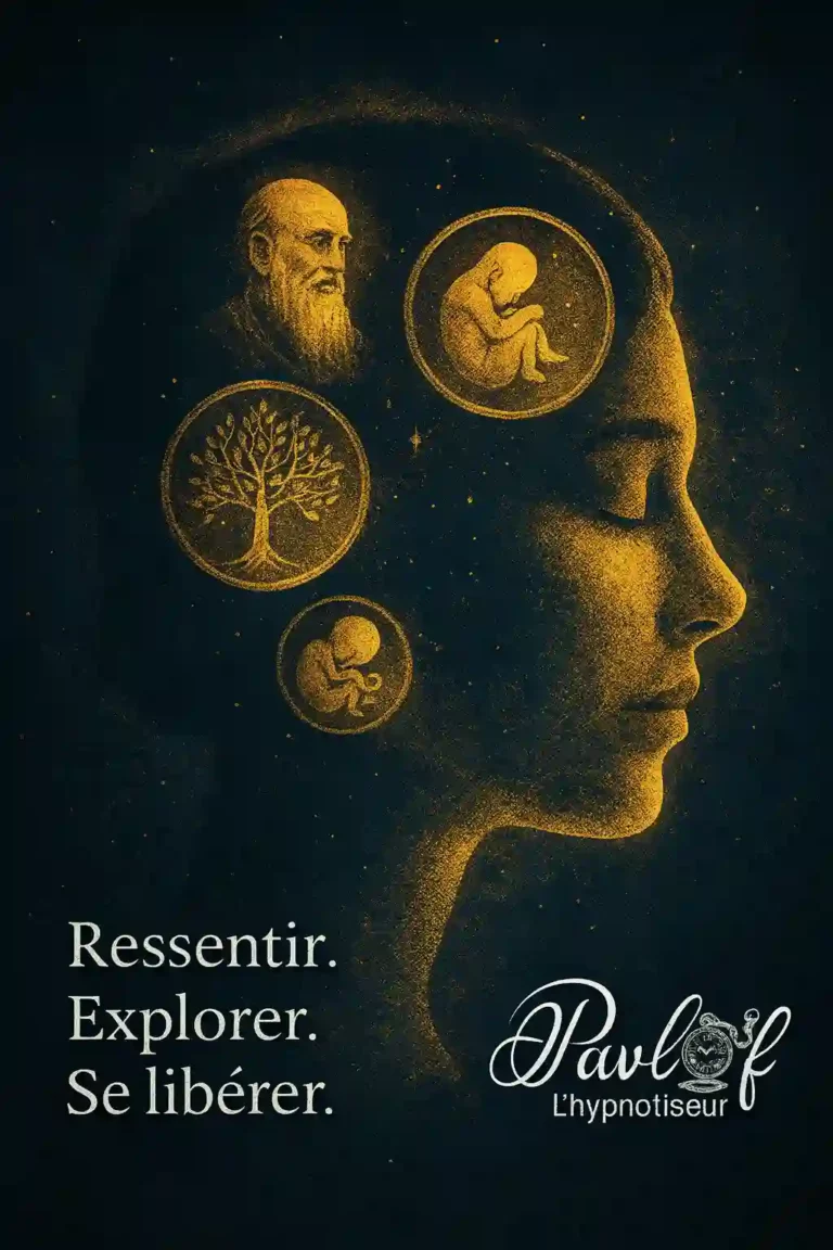 Portrait féminin en état d’hypnose regressive, avec symboles dorés de souvenirs transgénérationnels et émotions inconscientes.