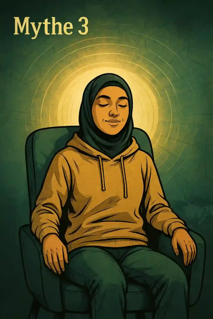 Illustration d’une personne éveillée et attentive pendant une séance d’hypnose, brisant l’idée reçue qu’elle s’endort réellement.