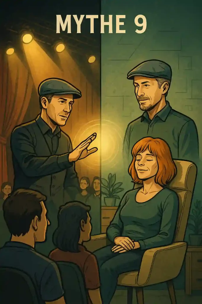 Illustration montrant deux univers : l’hypnose sur scène et l’hypnose utilisée pour le bien-être et la thérapie.