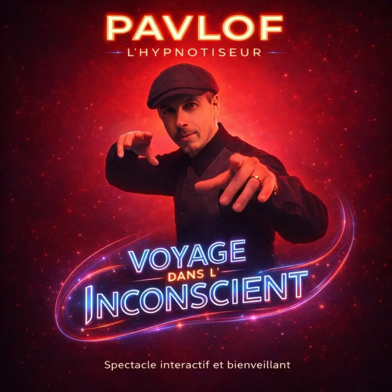 Affiche du spectacle d’hypnose Pavlof, hypnotiseur de scène – Voyage dans l’inconscient, spectacle interactif et bienveillant.